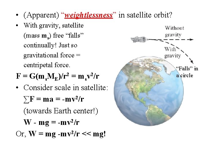  • (Apparent) “weightlessness” in satellite orbit? • With gravity, satellite (mass ms) free