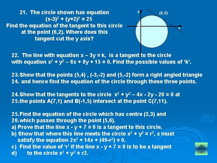 21. The circle shown has equation (x-3)2 + (y+2)2 = 25 Find the equation