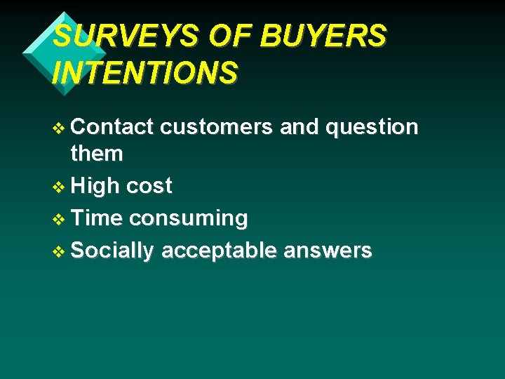 SURVEYS OF BUYERS INTENTIONS v Contact customers and question them v High cost v