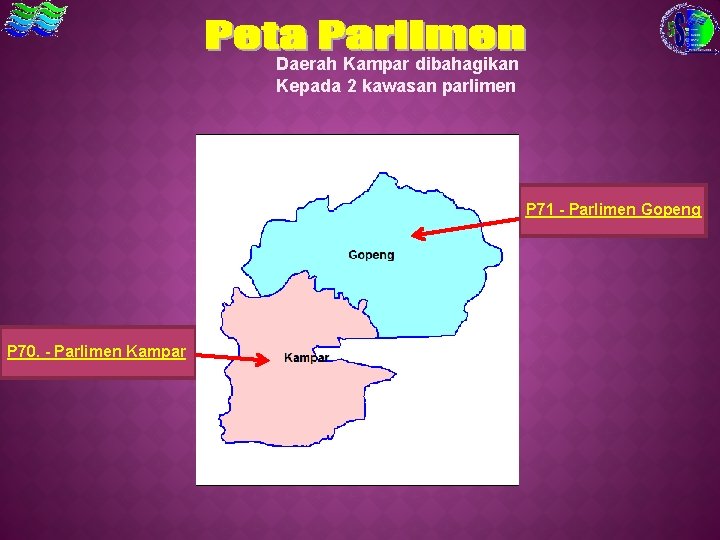Daerah Kampar dibahagikan Kepada 2 kawasan parlimen P 71 - Parlimen Gopeng P 70.