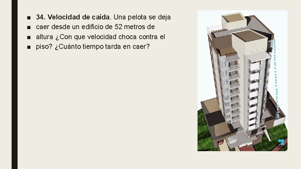 ■ ■ 34. Velocidad de caída. Una pelota se deja caer desde un edificio