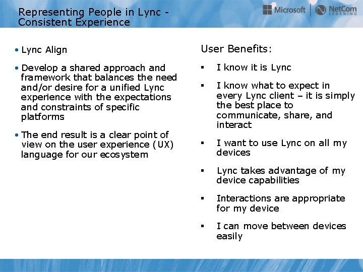 Representing People in Lync Consistent Experience • Lync Align User Benefits: • Develop a