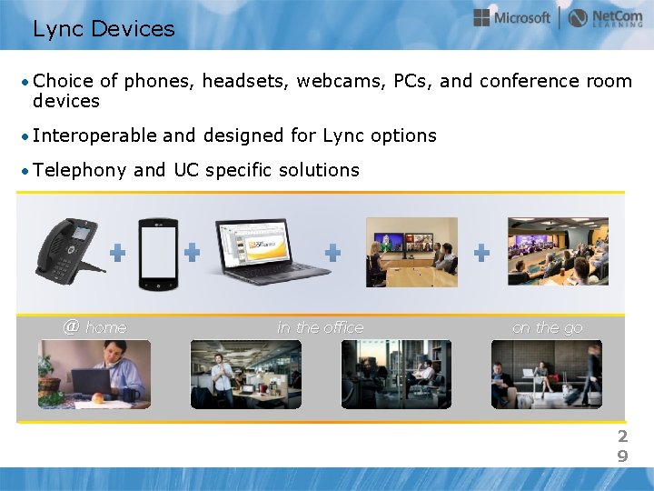 Lync Devices • Choice of phones, headsets, webcams, PCs, and conference room devices •