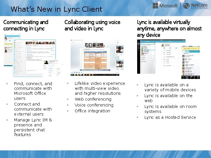 What’s New in Lync Client Communicating and connecting in Lync § § § Find,