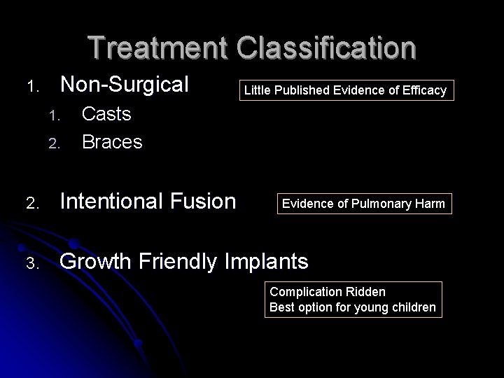 Treatment Classification 1. Non-Surgical 1. 2. Little Published Evidence of Efficacy Casts Braces 2. Treatment Classification 1. Non-Surgical 1. 2. Little Published Evidence of Efficacy Casts Braces 2.