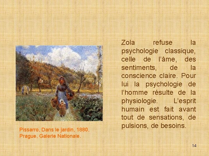 Pissarro, Dans le jardin, 1880, Prague, Galerie Nationale. Zola refuse la psychologie classique, celle