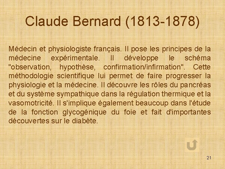 Claude Bernard (1813 -1878) Médecin et physiologiste français. Il pose les principes de la