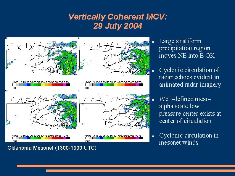 Vertically Coherent MCV: 29 July 2004 Oklahoma Mesonet (1300 -1600 UTC) Large stratiform precipitation