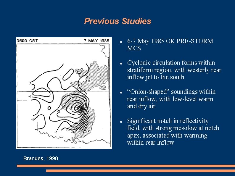 Previous Studies Brandes, 1990 6 -7 May 1985 OK PRE-STORM MCS Cyclonic circulation forms