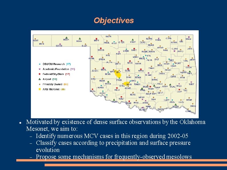 Objectives Motivated by existence of dense surface observations by the Oklahoma Mesonet, we aim