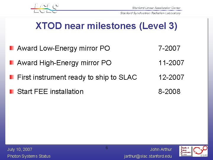 XTOD near milestones (Level 3) Award Low-Energy mirror PO 7 -2007 Award High-Energy mirror