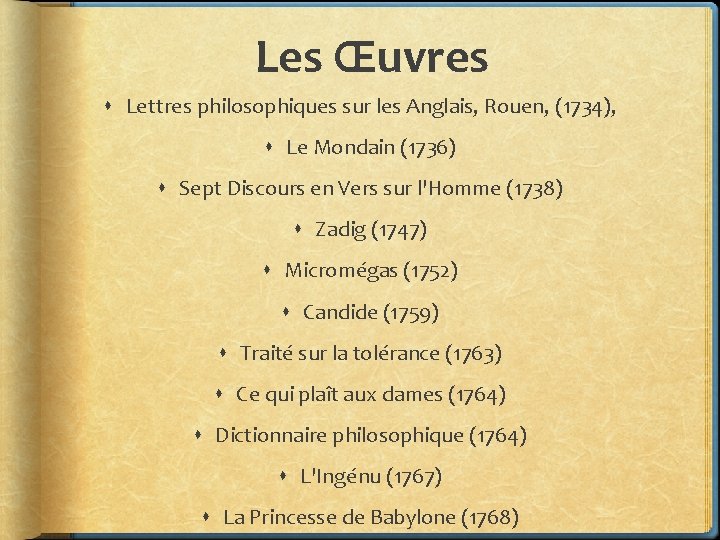 Les Œuvres Lettres philosophiques sur les Anglais, Rouen, (1734), Le Mondain (1736) Sept Discours