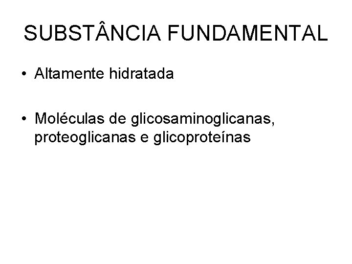 SUBST NCIA FUNDAMENTAL • Altamente hidratada • Moléculas de glicosaminoglicanas, proteoglicanas e glicoproteínas 