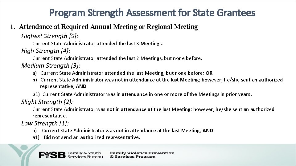 Program Strength Assessment for State Grantees 1. Attendance at Required Annual Meeting or Regional