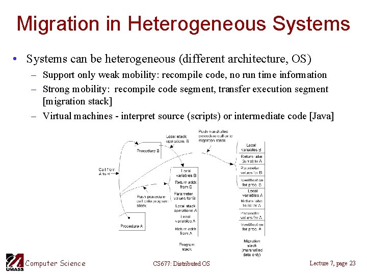 Migration in Heterogeneous Systems • Systems can be heterogeneous (different architecture, OS) – Support