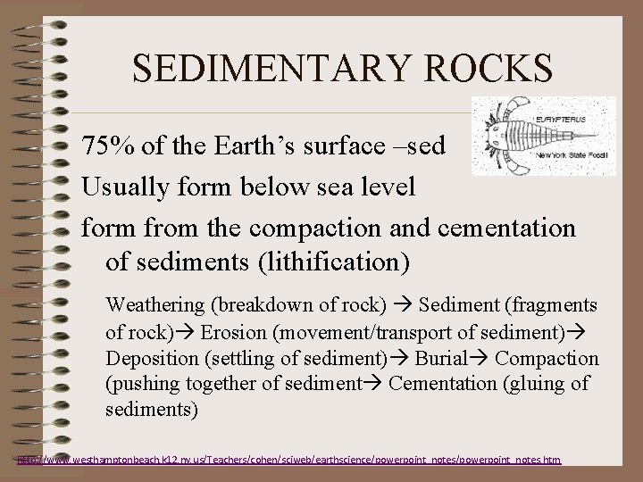 SEDIMENTARY ROCKS 75% of the Earth’s surface –sed Usually form below sea level form