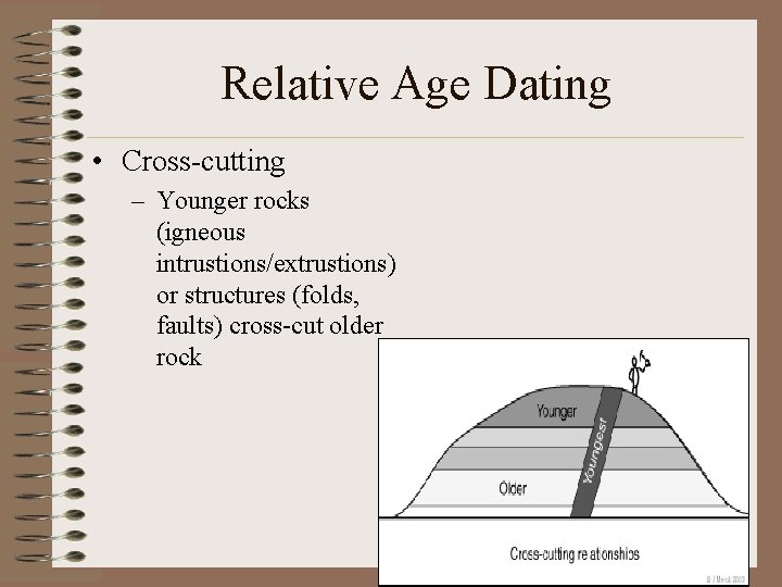 Relative Age Dating • Cross-cutting – Younger rocks (igneous intrustions/extrustions) or structures (folds, faults)