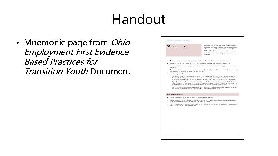 Handout • Mnemonic page from Ohio Employment First Evidence Based Practices for Transition Youth