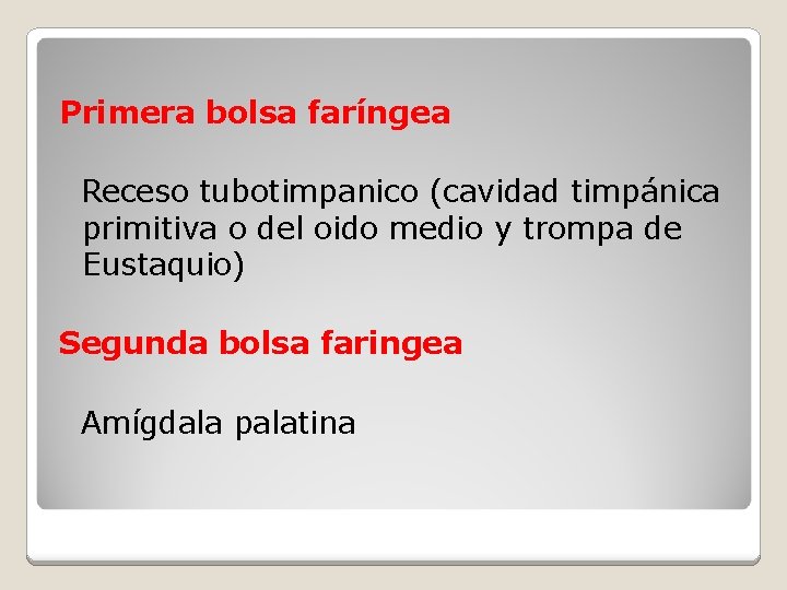 Primera bolsa faríngea Receso tubotimpanico (cavidad timpánica primitiva o del oido medio y trompa