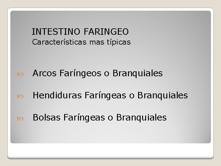 INTESTINO FARINGEO Características mas típicas Arcos Faríngeos o Branquiales Hendiduras Faríngeas o Branquiales Bolsas