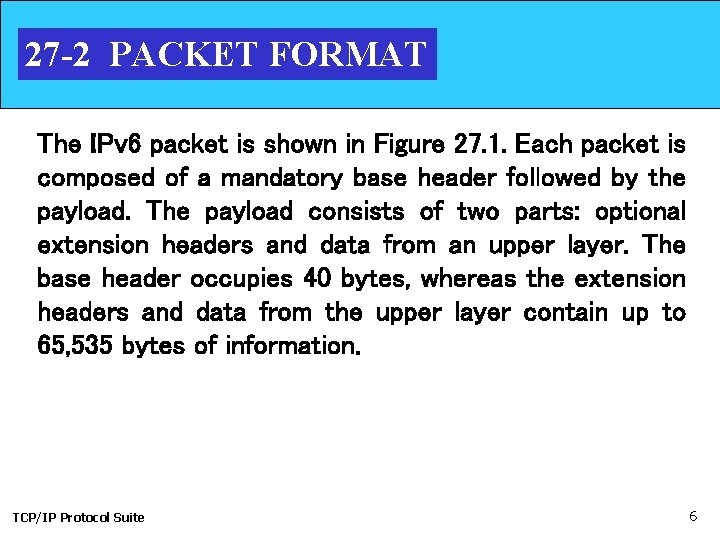 27 -2 PACKET FORMAT The IPv 6 packet is shown in Figure 27. 1.