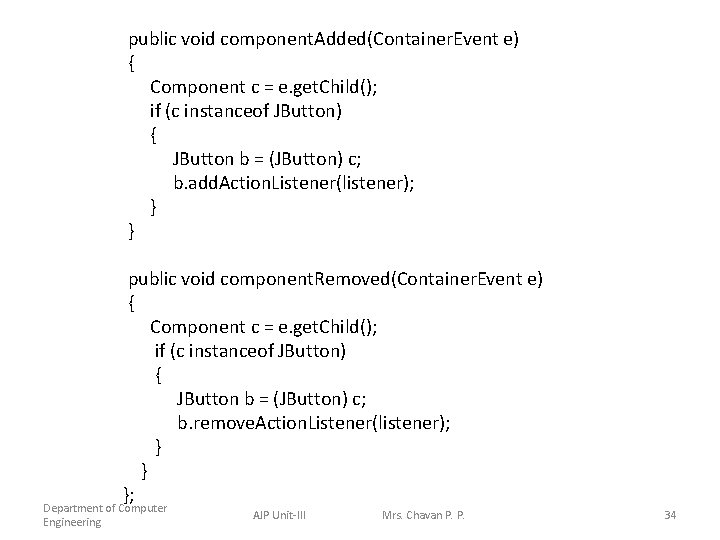 public void component. Added(Container. Event e) { Component c = e. get. Child();