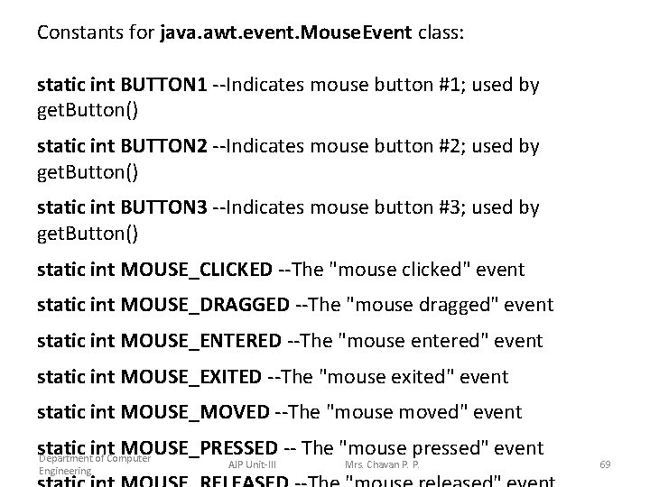 Constants for java. awt. event. Mouse. Event class: static int BUTTON 1 --Indicates mouse