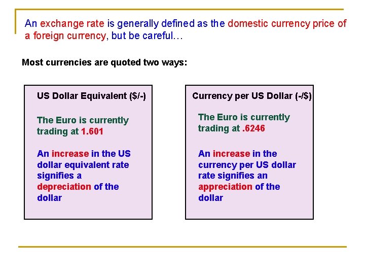 An exchange rate is generally defined as the domestic currency price of a foreign