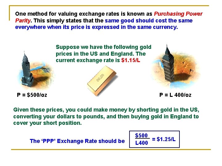 One method for valuing exchange rates is known as Purchasing Power Parity. This simply