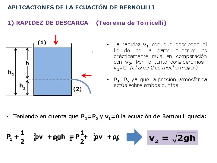 APLICACIONES DE LA ECUACIÓN DE BERNOULLI 1) RAPIDEZ DE DESCARGA (Teorema de Torricelli) •