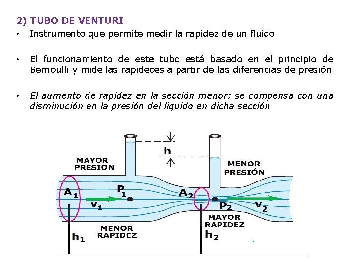 2) TUBO DE VENTURI • Instrumento que permite medir la rapidez de un fluido