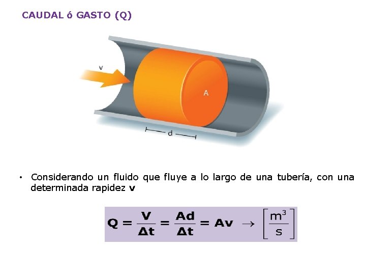 CAUDAL ó GASTO (Q) • Considerando un fluido que fluye a lo largo de