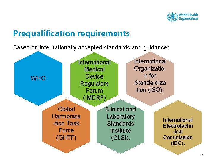 Prequalification requirements Based on internationally accepted standards and guidance: WHO International Medical Device Regulators