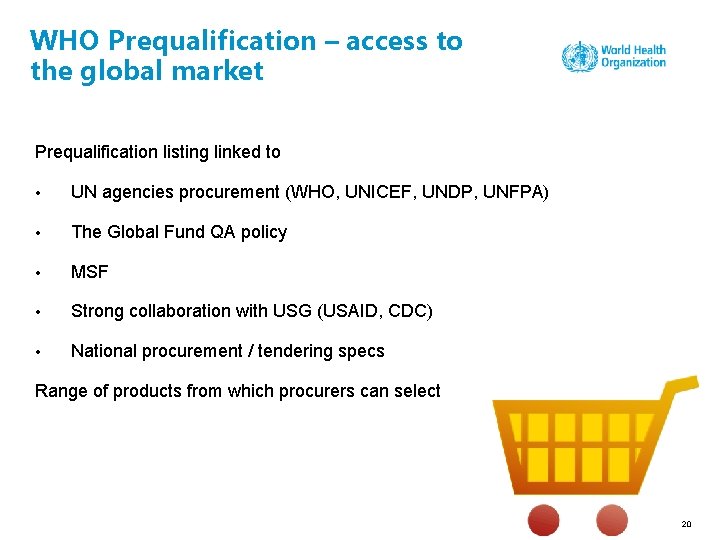 WHO Prequalification – access to the global market Prequalification listing linked to • UN