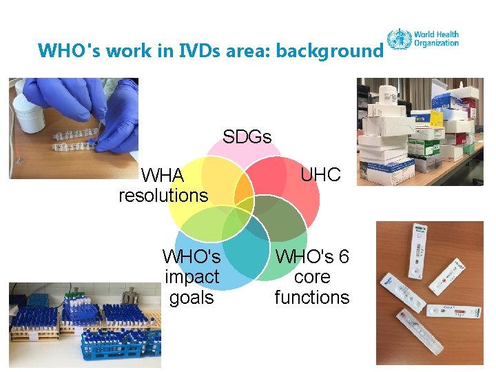 WHO's work in IVDs area: background SDGs WHA resolutions WHO's impact goals UHC WHO's