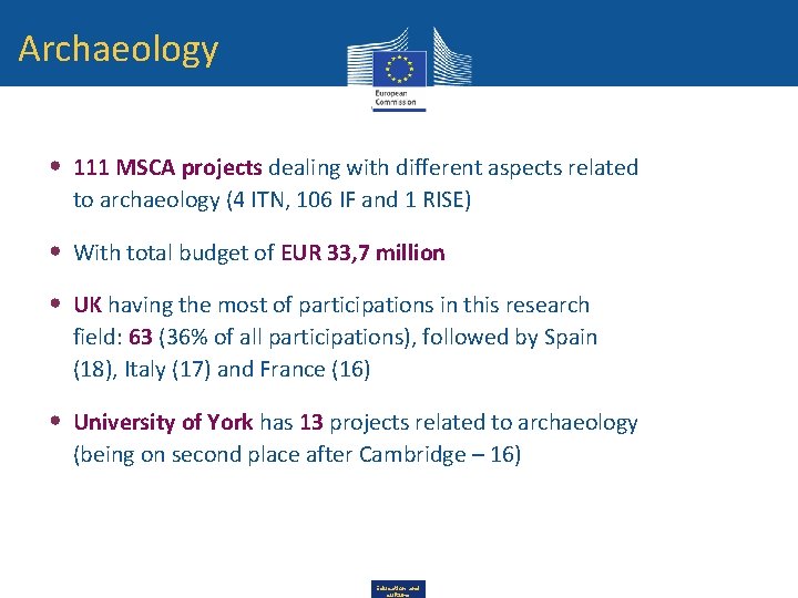 Archaeology • 111 MSCA projects dealing with different aspects related to archaeology (4 ITN,