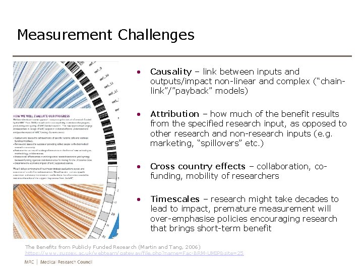 Measurement Challenges • Causality – link between inputs and outputs/impact non-linear and complex (“chainlink”/”payback”