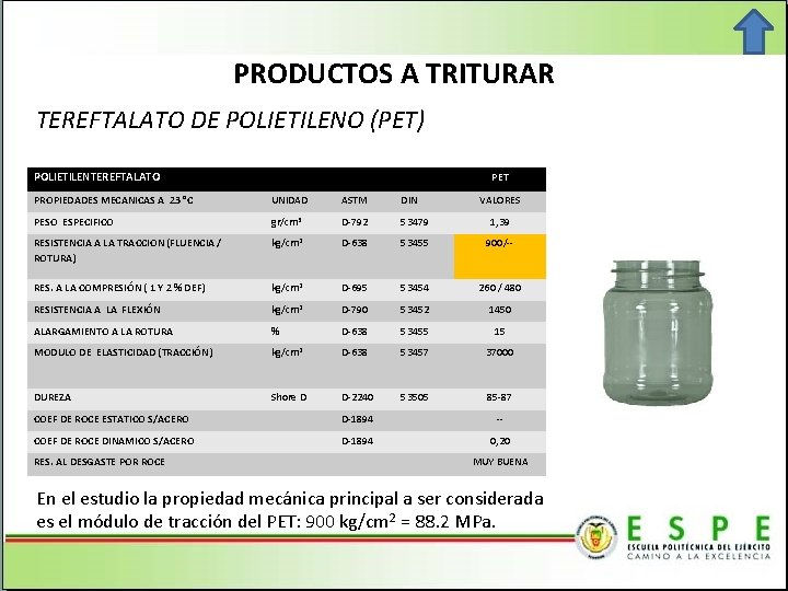 PRODUCTOS A TRITURAR TEREFTALATO DE POLIETILENO (PET) POLIETILENTEREFTALATO PET PROPIEDADES MECANICAS A 23 °C