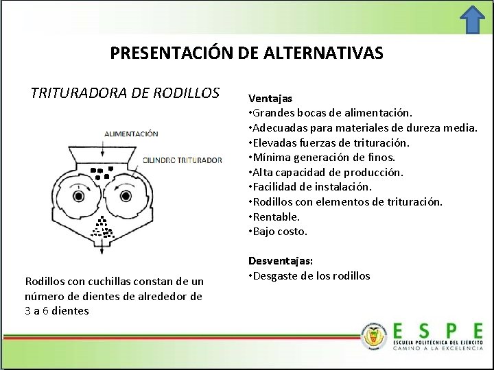 PRESENTACIÓN DE ALTERNATIVAS TRITURADORA DE RODILLOS Rodillos con cuchillas constan de un número de