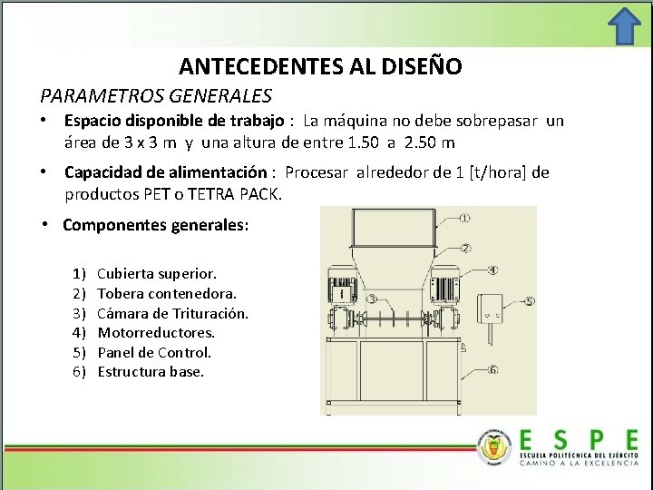  ANTECEDENTES AL DISEÑO PARAMETROS GENERALES • Espacio disponible de trabajo : La máquina