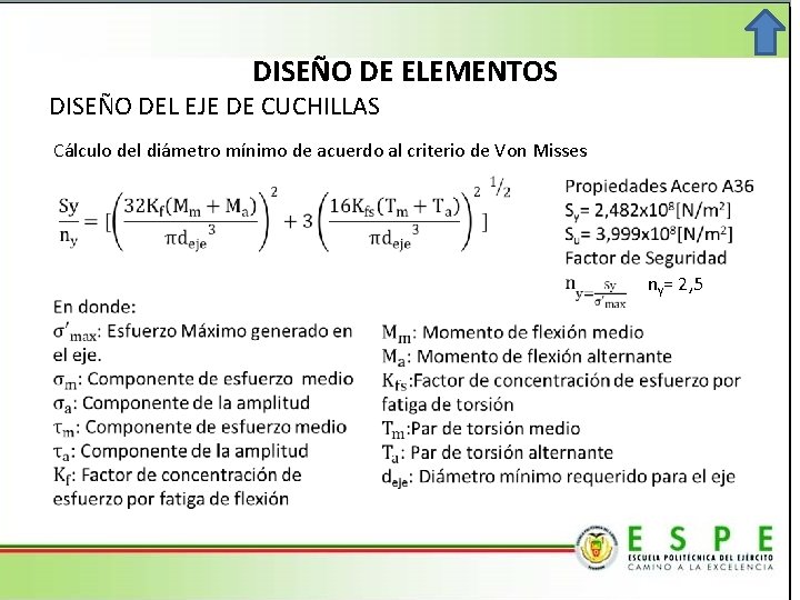 DISEÑO DE ELEMENTOS DISEÑO DEL EJE DE CUCHILLAS Cálculo del diámetro mínimo de acuerdo
