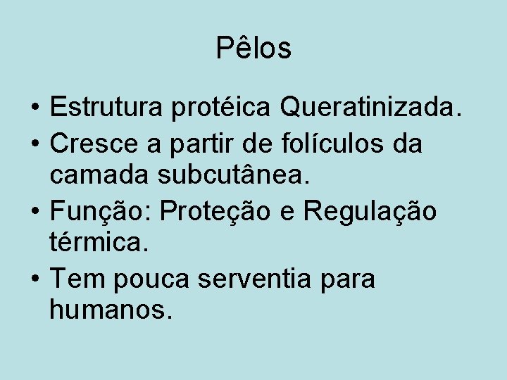 Pêlos • Estrutura protéica Queratinizada. • Cresce a partir de folículos da camada subcutânea.