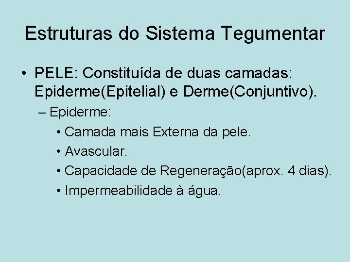 Estruturas do Sistema Tegumentar • PELE: Constituída de duas camadas: Epiderme(Epitelial) e Derme(Conjuntivo). –