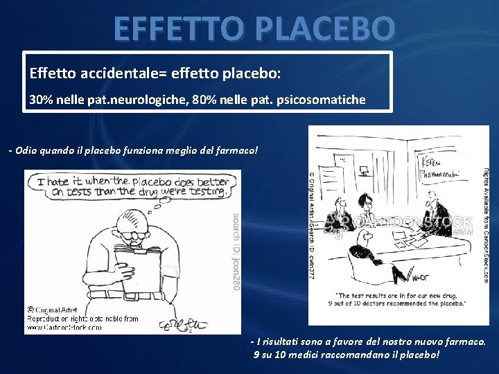 EFFETTO PLACEBO Effetto accidentale= effetto placebo: 30% nelle pat. neurologiche, 80% nelle pat. psicosomatiche