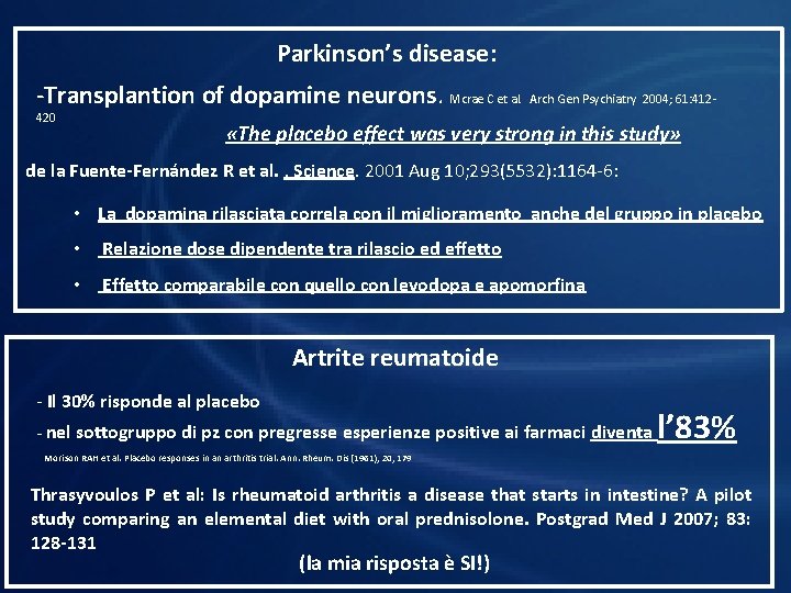 Parkinson’s disease: -Transplantion of dopamine neurons. Mcrae C et al. Arch Gen Psychiatry 2004;