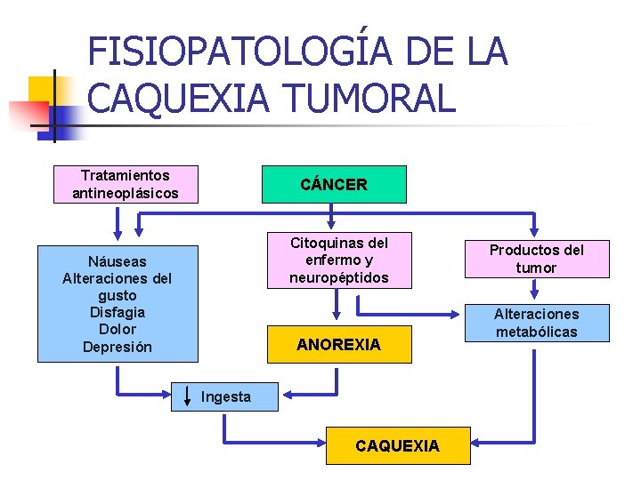 FISIOPATOLOGÍA DE LA CAQUEXIA TUMORAL Tratamientos antineoplásicos CÁNCER Citoquinas del enfermo y neuropéptidos Náuseas