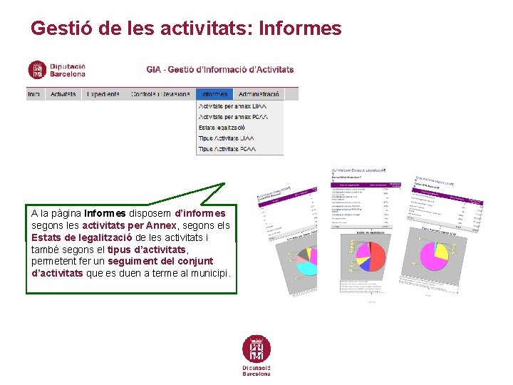 Gestió de les activitats: Informes A la pàgina Informes disposem d’informes segons les activitats