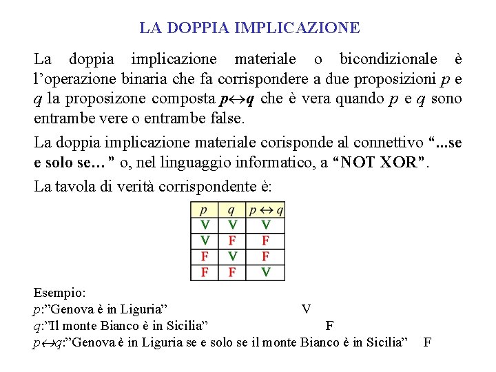 LA DOPPIA IMPLICAZIONE La doppia implicazione materiale o bicondizionale è l’operazione binaria che fa