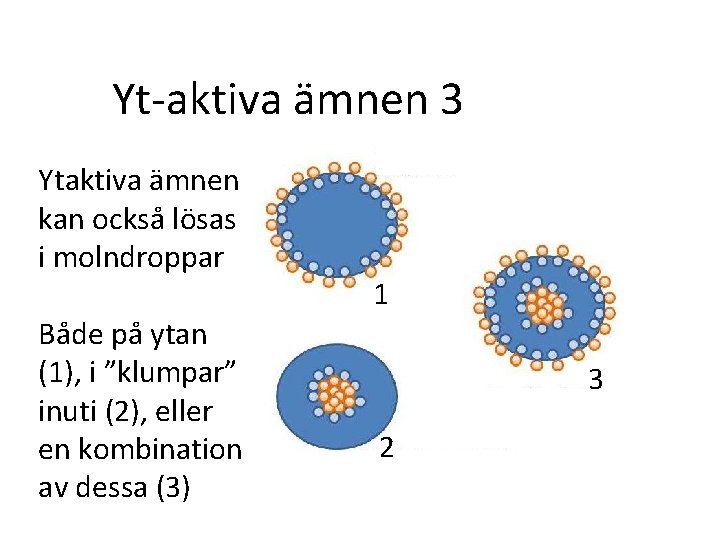 Yt-aktiva ämnen 3 Ytaktiva ämnen kan också lösas i molndroppar Både på ytan (1),