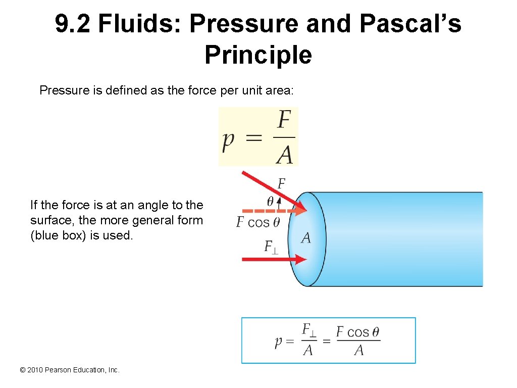 9. 2 Fluids: Pressure and Pascal’s Principle Pressure is defined as the force per